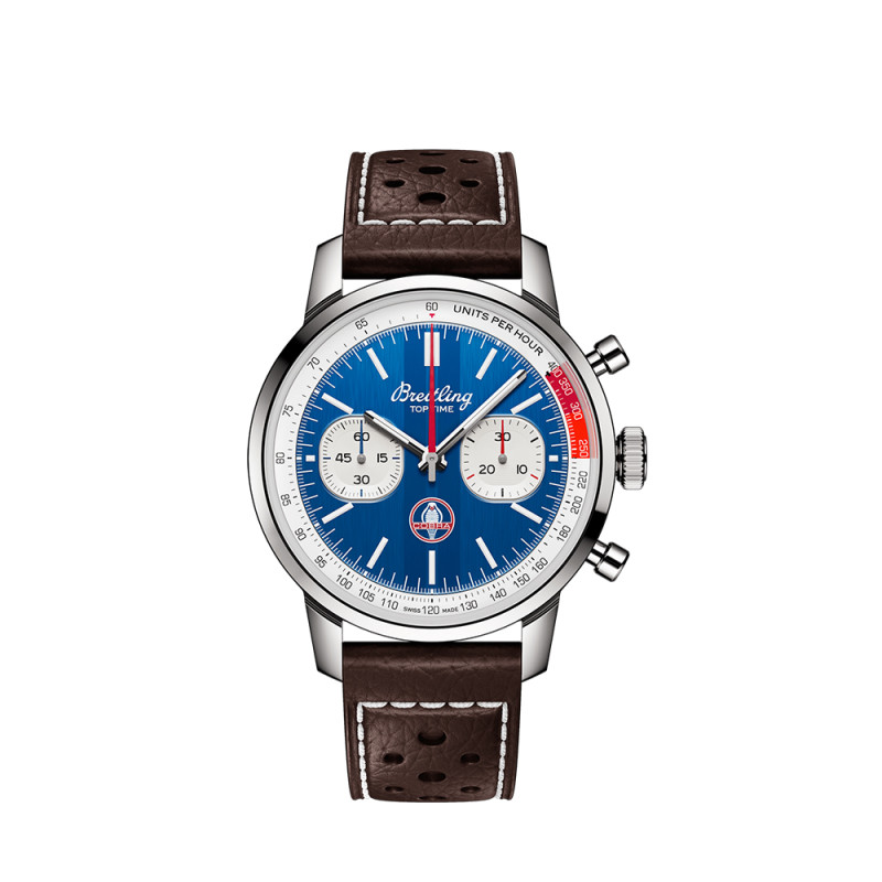 Montre Breitling Top Time B01 Shelby Cobra automatique cadran bleu bracelet cuir perforé brun 41 mm