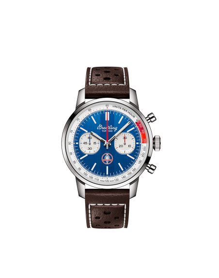 Montre Breitling Top Time B01 Shelby Cobra automatique cadran bleu bracelet cuir perforé brun 41 mm