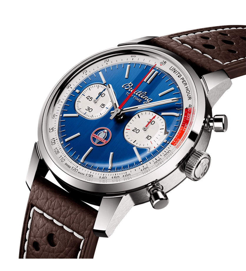 Montre Breitling Top Time B01 Shelby Cobra automatique cadran bleu bracelet cuir perforé brun 41 mm