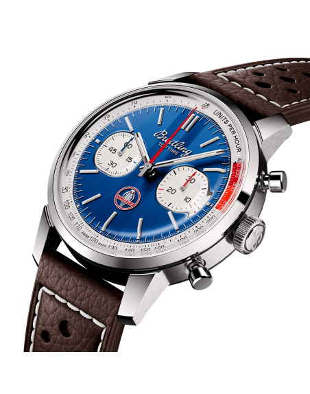 Montre Breitling Top Time B01 Shelby Cobra automatique cadran bleu bracelet cuir perforé brun 41 mm