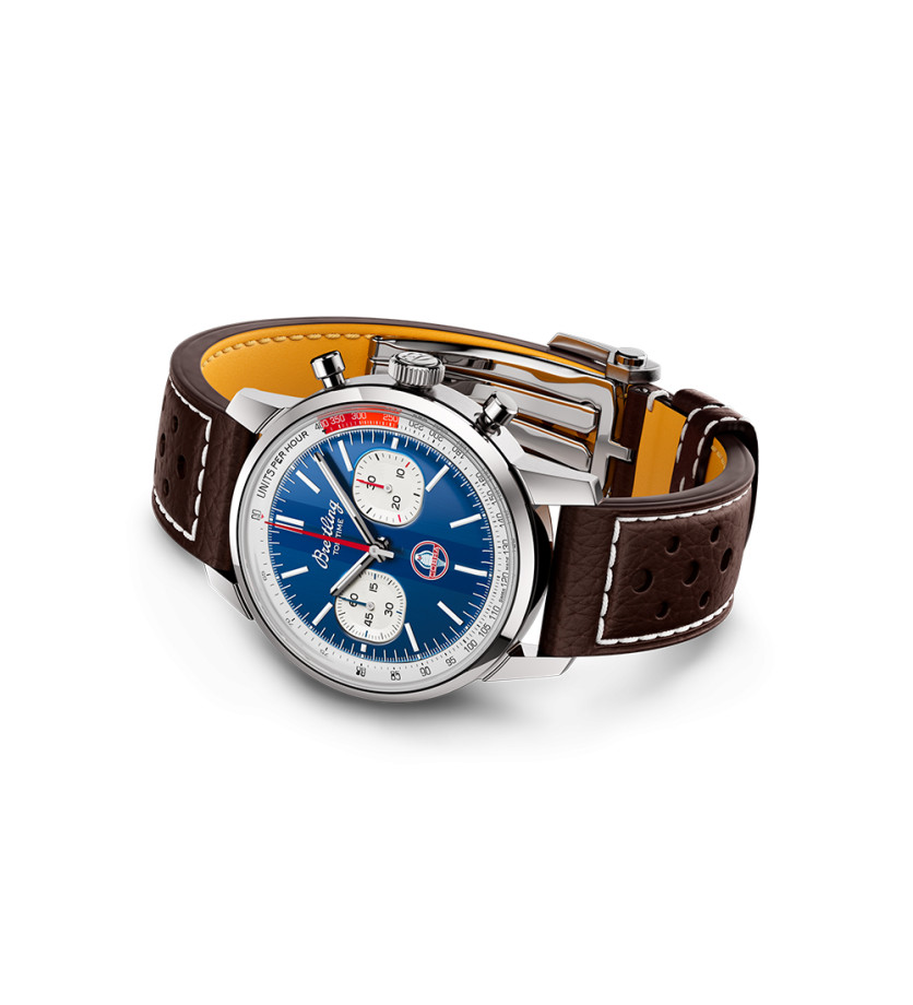 Montre Breitling Top Time B01 Shelby Cobra automatique cadran bleu bracelet cuir perforé brun 41 mm