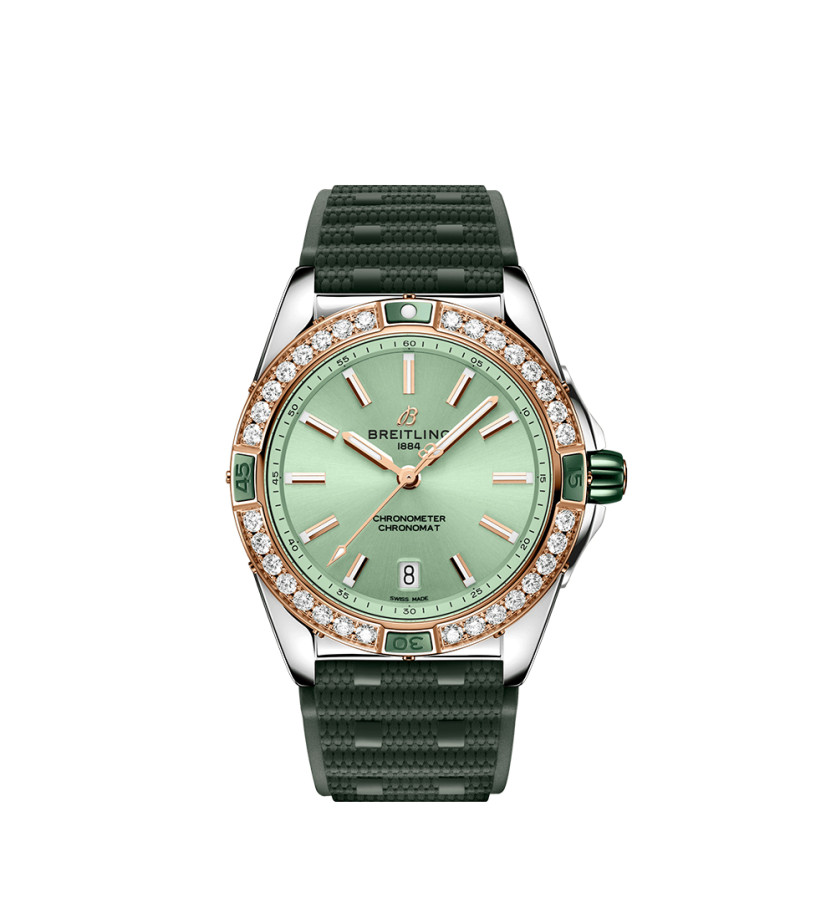 Montre Breitling Super Chronomat Automatic cadran vert lunette sertie diamants bracelet caoutchouc vert 38 mm