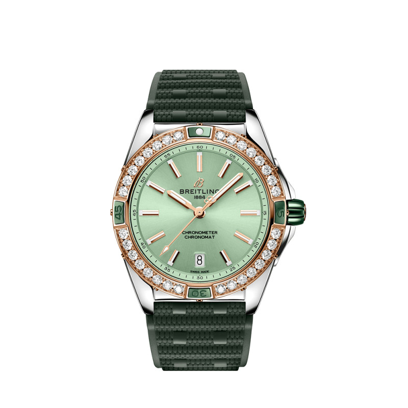 Montre Breitling Super Chronomat Automatic cadran vert lunette sertie diamants bracelet caoutchouc vert 38 mm