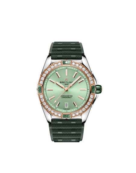 Montre Breitling Super Chronomat Automatic cadran vert lunette sertie diamants bracelet caoutchouc vert 38 mm