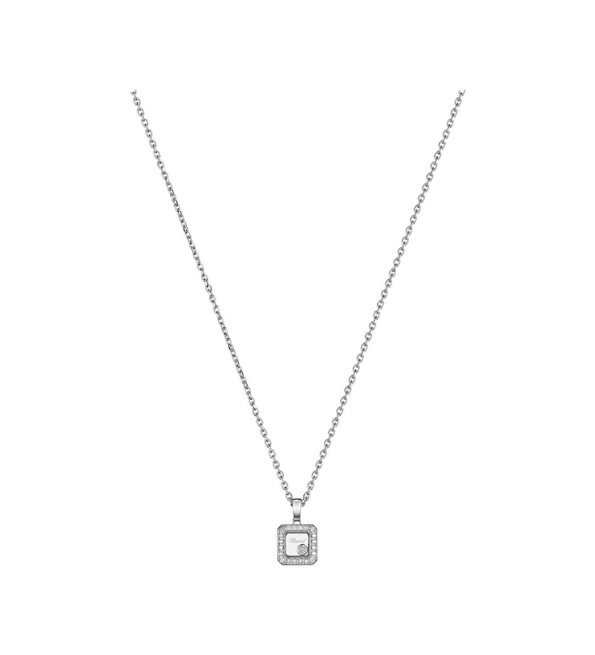 Pendentif Chopard Happy Diamonds carré or blanc sur chaîne 42cm