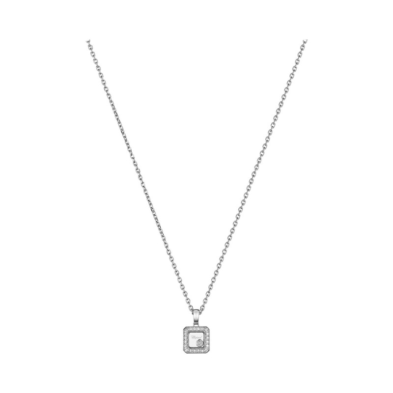 Pendentif Chopard Happy Diamonds carré or blanc sur chaîne 42cm