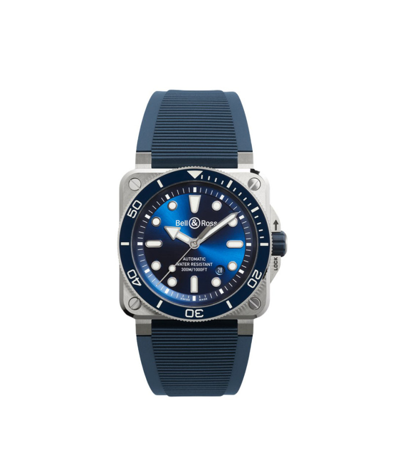 Montre Bell & Ross BR03 Diver Blue Steel 42mm automatique acier cadran bleu index blanc bracelet caoutchouc bleu