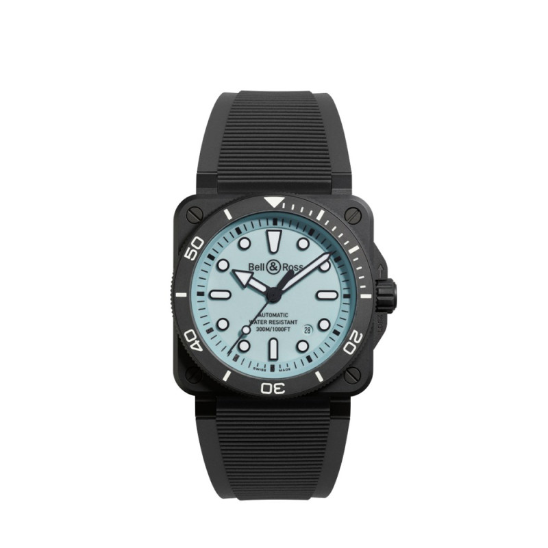 Montre Bell & Ross BR03 Diver Full Lum Ceramic automatique noire cadran bleu pâle bracelet caoutchouc noir 42mm