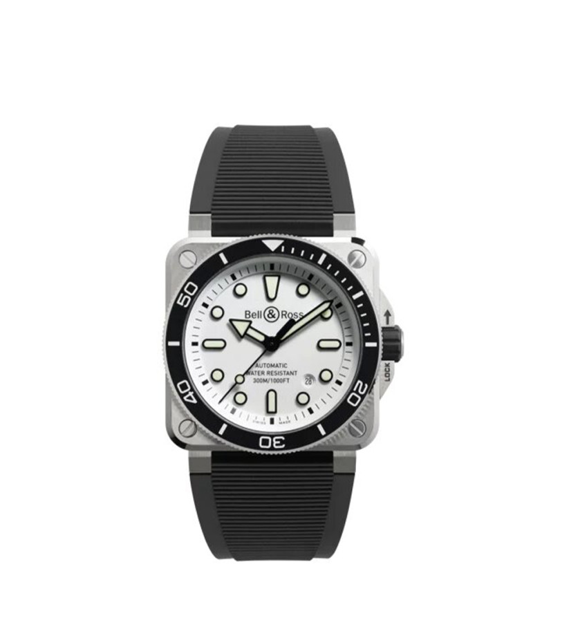 Montre Bell & Ross BR03 Diver White automatique 
cadran blanc index bracelet caoutchouc noir 42mm