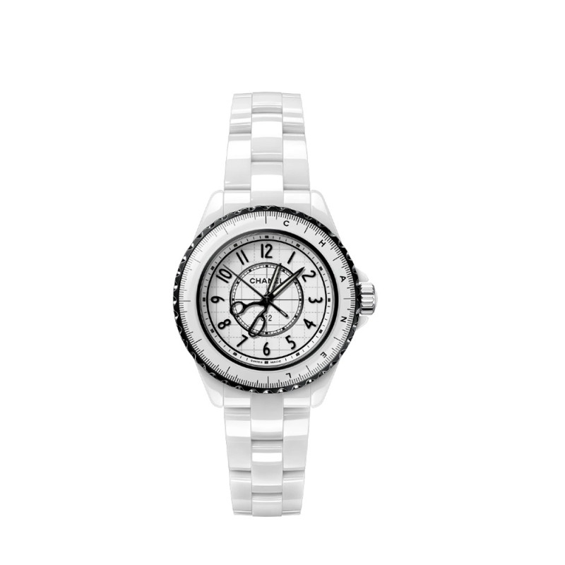 Montre Chanel J12 Couture quartz cadran laqué blanc bracelet céramique blanche 33mm