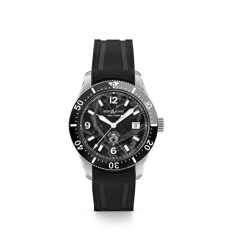 Montre Montblanc 1858 Iced Sea Automatic Date cadran noir glacier bracelet caoutchouc noir 41 mm