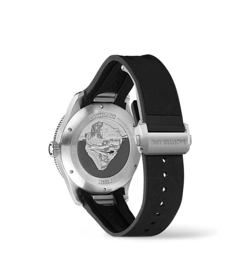 Montre Montblanc 1858 Iced Sea Automatic Date cadran noir glacier bracelet caoutchouc noir 41 mm