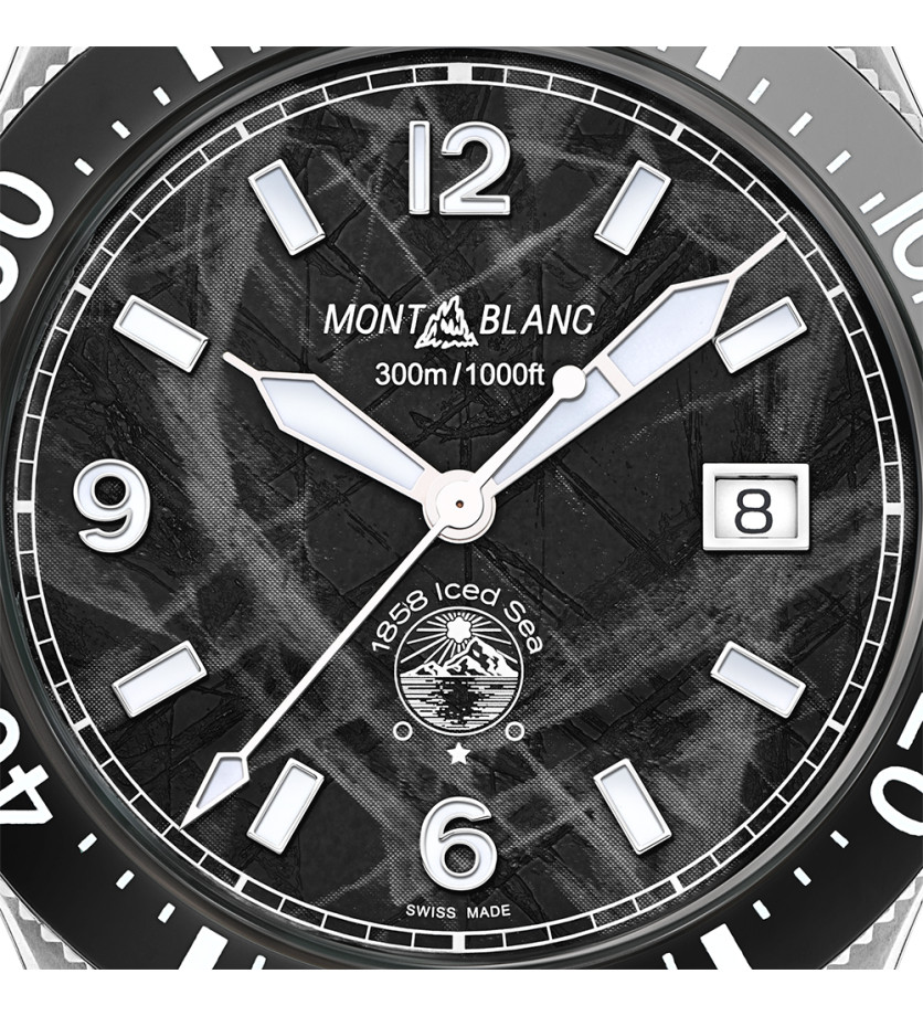 Montre Montblanc 1858 Iced Sea Automatic Date cadran noir glacier bracelet acier 41 mm