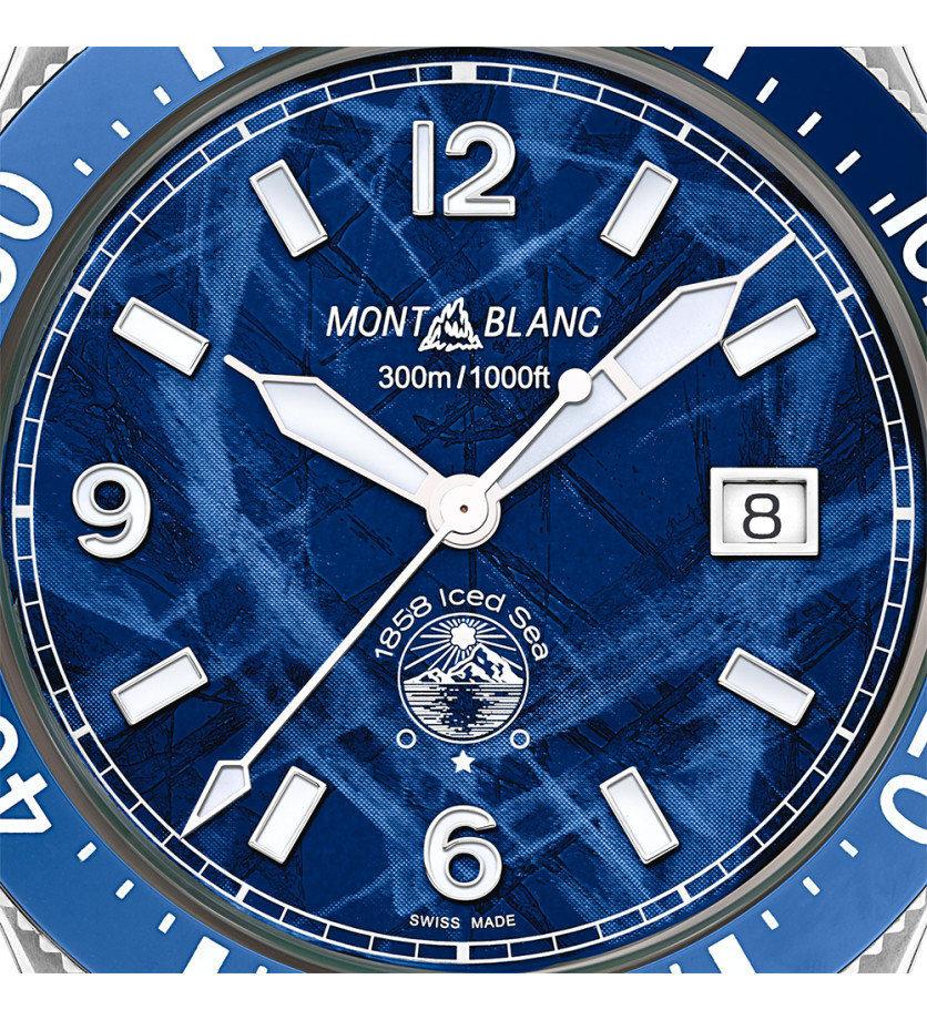 Montre Montblanc 1858 Iced Sea Automatic Date cadran bleu glacier bracelet acier 41 mm