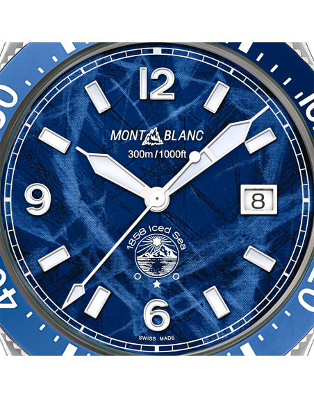 Montre Montblanc 1858 Iced Sea Automatic Date cadran bleu glacier bracelet acier 41 mm