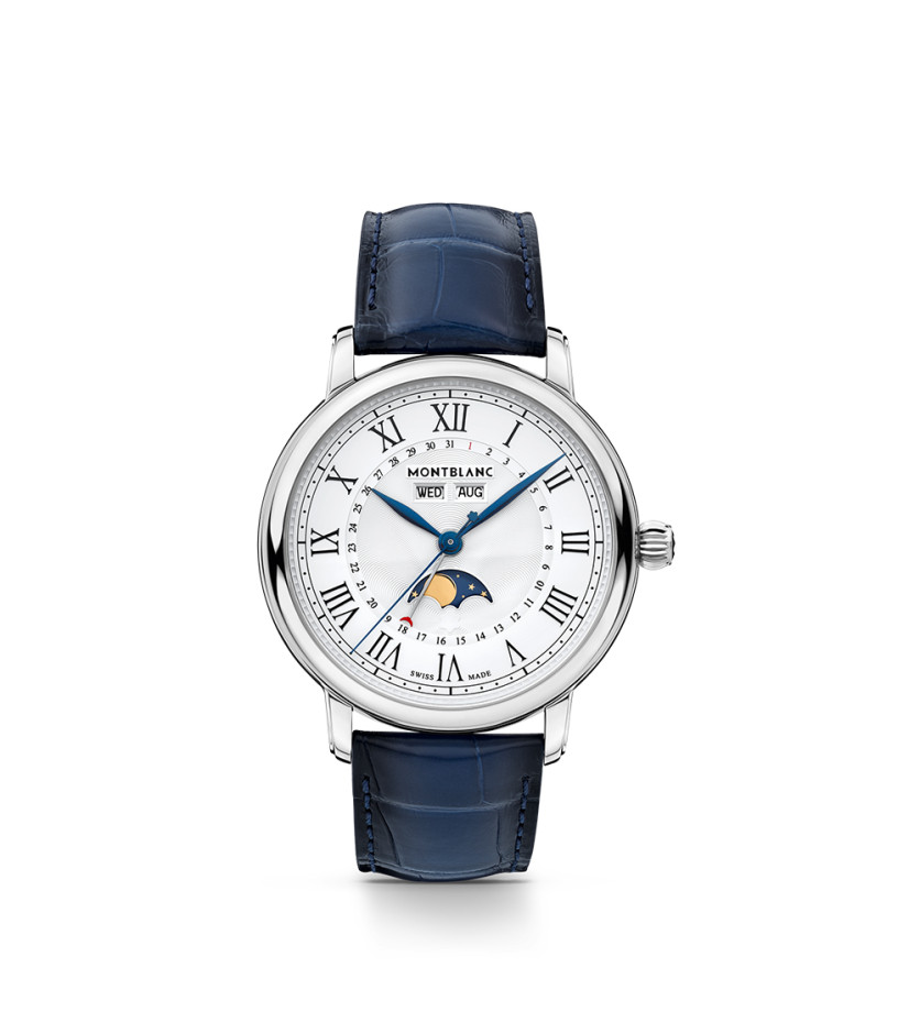 Montre Montblanc Star Legacy Full Calendar automatique cadran blanc argenté bracelet cuir bleu 42 mm