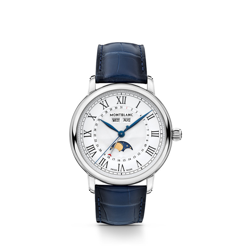 Montre Montblanc Star Legacy Full Calendar automatique cadran blanc argenté bracelet cuir bleu 42 mm