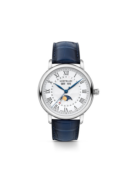 Montre Montblanc Star Legacy Full Calendar automatique cadran blanc argenté bracelet cuir bleu 42 mm