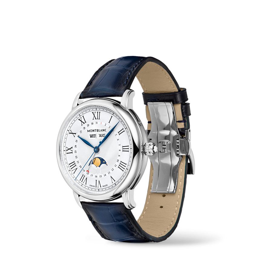 Montre Montblanc Star Legacy Full Calendar automatique cadran blanc argenté bracelet cuir bleu 42 mm