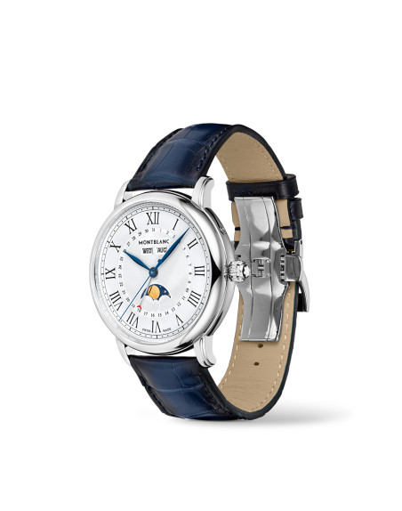 Montre Montblanc Star Legacy Full Calendar automatique cadran blanc argenté bracelet cuir bleu 42 mm