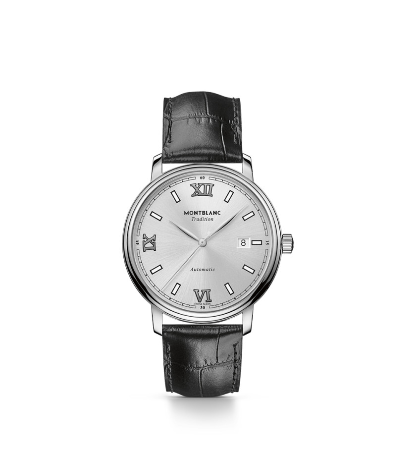 Montre Montblanc Tradition Automatic Date cadran blanc argenté bracelet cuir noir 40 mm