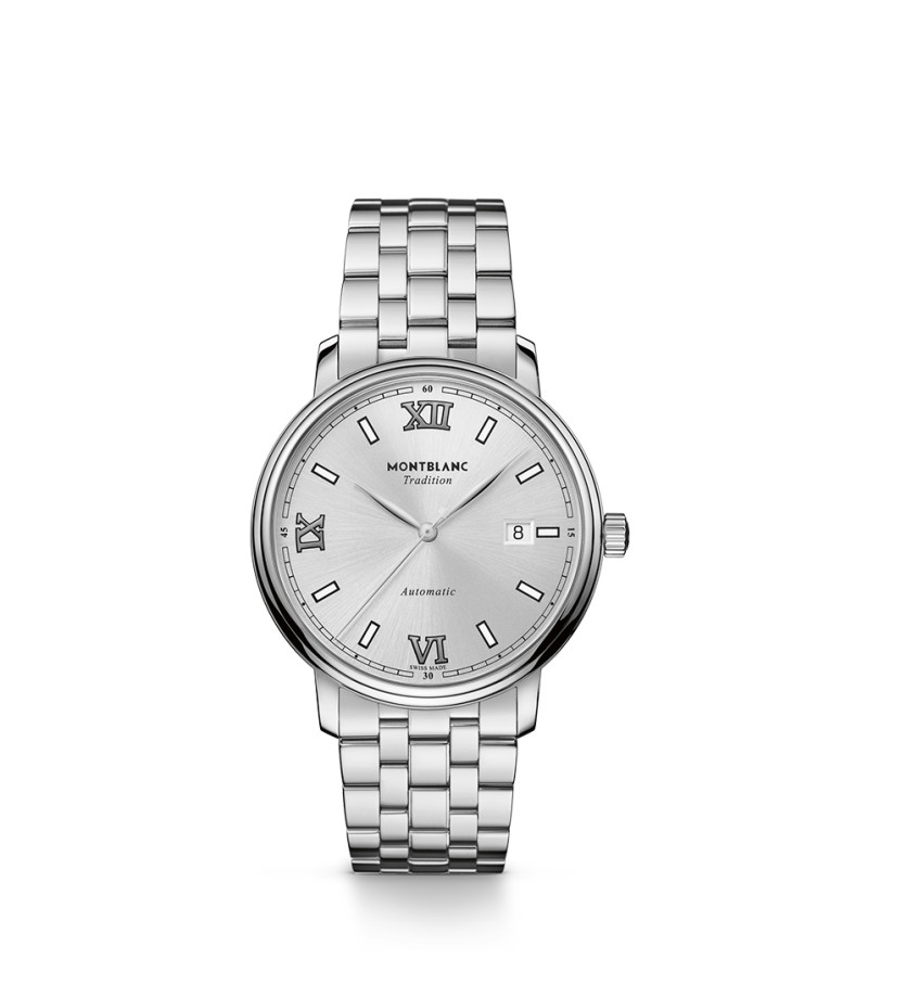 Montre Montblanc Tradition Automatic Date cadran blanc argenté bracelet en acier inoxydable 40mm