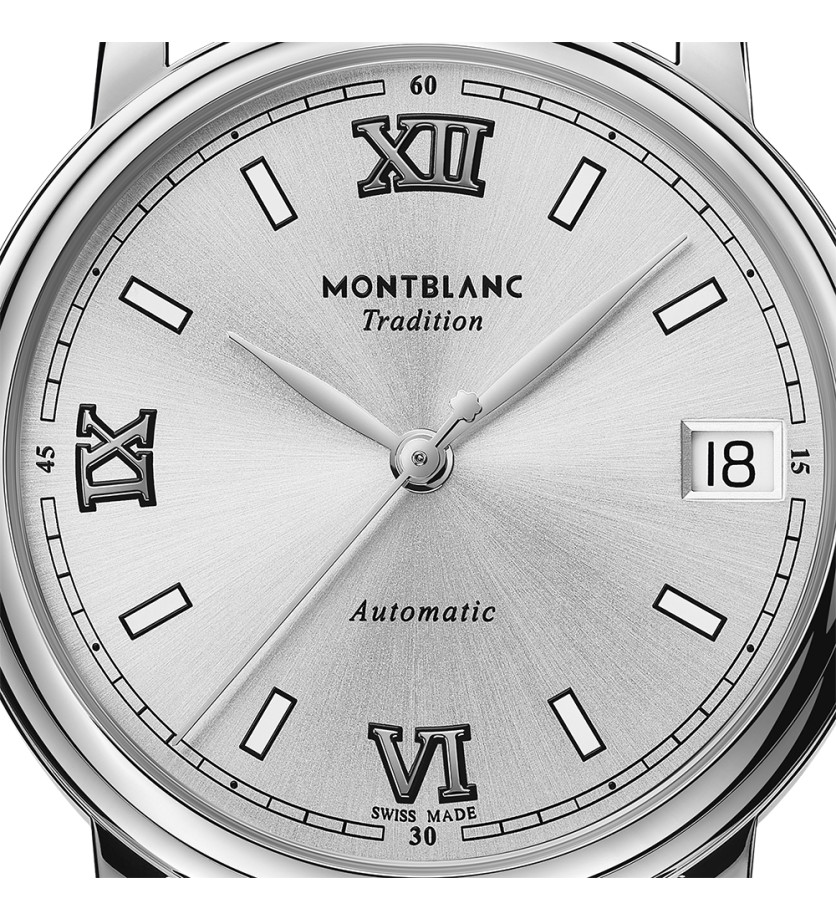 Montre Montblanc Tradition Automatic Date cadran blanc argenté bracelet cuir noir 32 mm