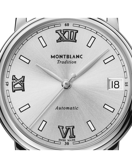 Montre Montblanc Tradition Automatic Date cadran blanc argenté bracelet cuir noir 32 mm