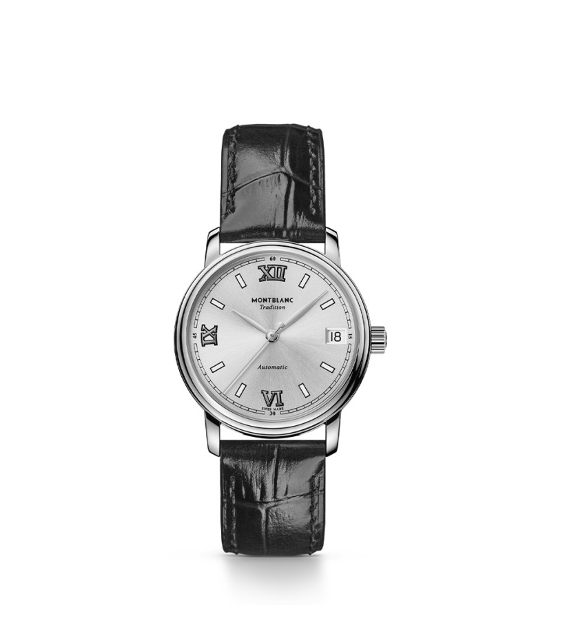 Montre Montblanc Tradition Automatic Date cadran blanc argenté bracelet cuir noir 32 mm