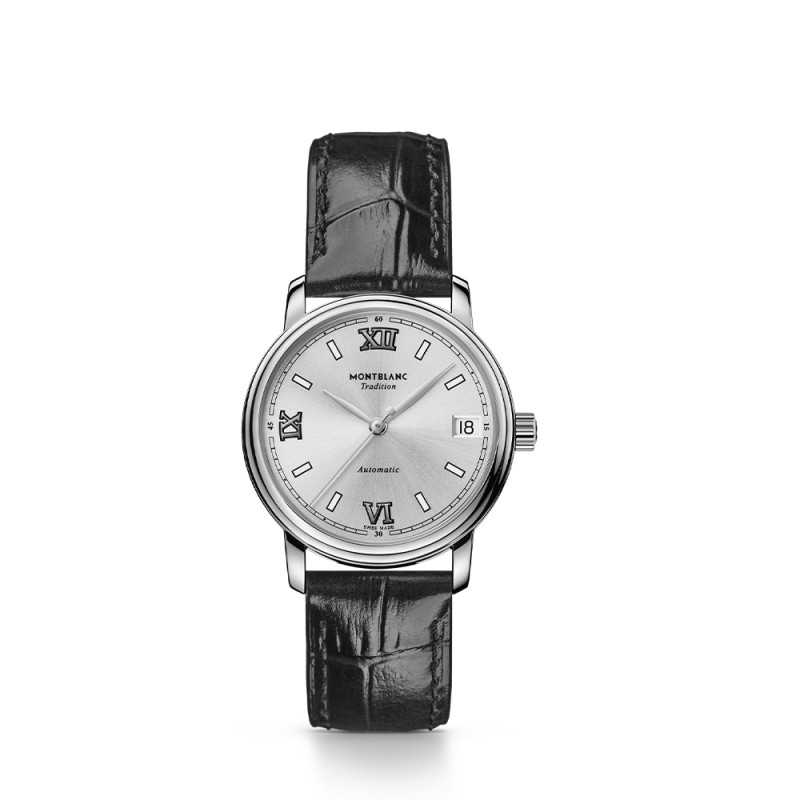 Montre Montblanc Tradition Automatic Date cadran blanc argenté bracelet cuir noir 32 mm