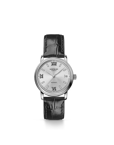 Montre Montblanc Tradition Automatic Date cadran blanc argenté bracelet cuir noir 32 mm