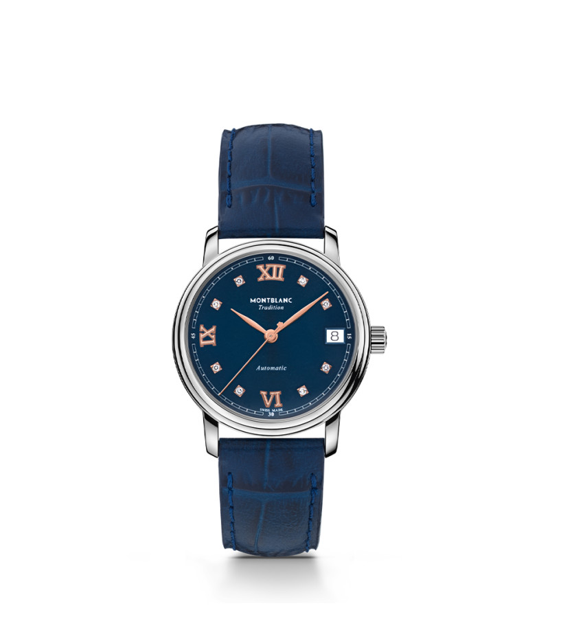 Montre Montblanc Tradition Automatic Date cadran bleu et diamants bracelet cuir de veau bleu 32mm