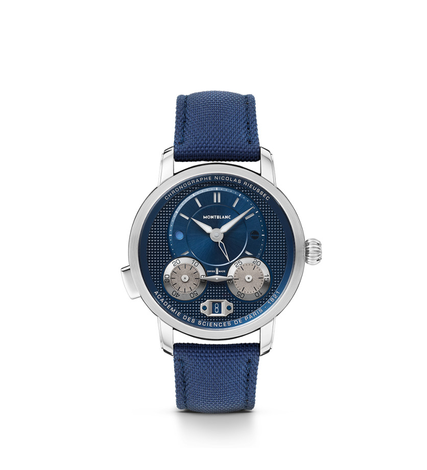 Montre Montblanc Star Legacy Nicolas Rieussec Chronograph cadran bleu bracelet textile bleu 43mm