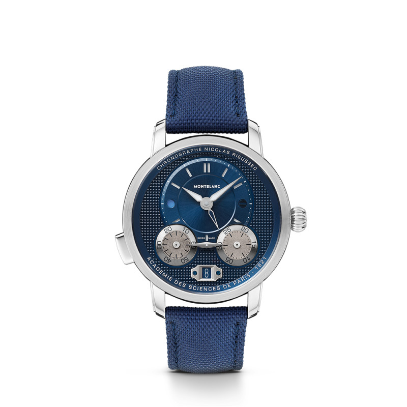 Montre Montblanc Star Legacy Nicolas Rieussec Chronograph cadran bleu bracelet textile bleu 43mm