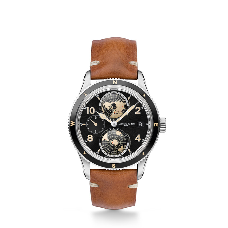 Montre Montblanc 1858 Geosphere cadran noir bracelet en cuir 42 mm