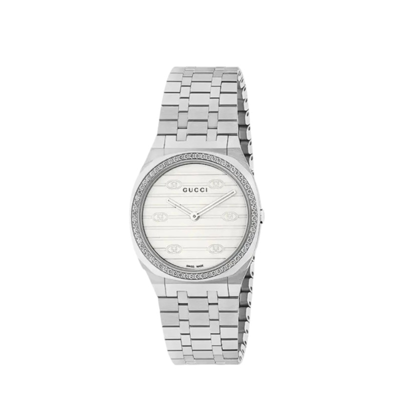 Montre Gucci 25H quartz cadran laiton blanc bracelet acier 30 mm