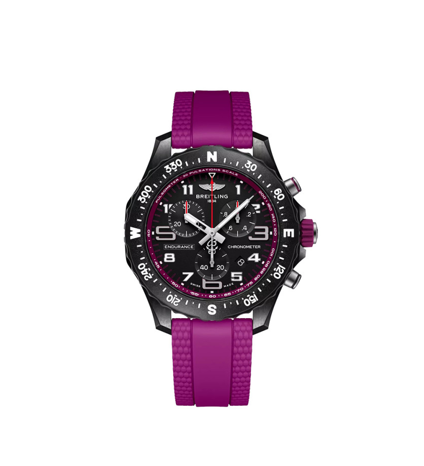 Montre Breitling Endurance Pro SuperQuartz cadran noir bracelet caoutchouc violet 38 mm