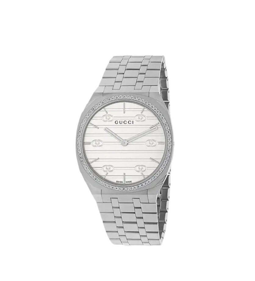 Montre Gucci 25H quartz cadran laiton blanc incrusté de diamant bracelet acier 34 mm