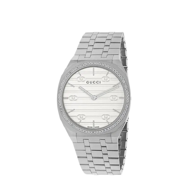 Montre Gucci 25H quartz cadran laiton blanc incrusté de diamant bracelet acier 34 mm