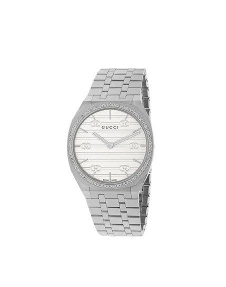 Montre Gucci 25H quartz cadran laiton blanc incrusté de diamant bracelet acier 34 mm