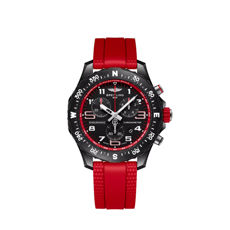 Montre Breitling Endurance Pro SuperQuartz cadran noir bracelet caoutchouc rouge 38 mm