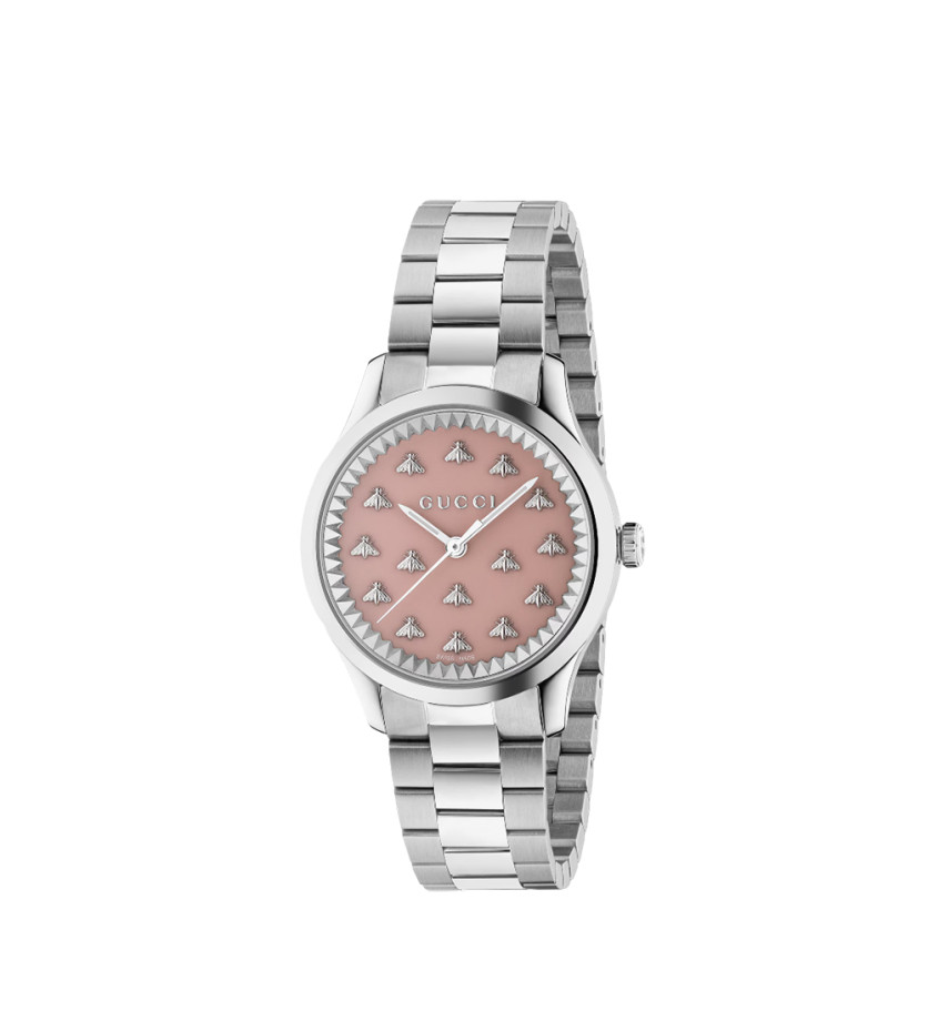 Montre Gucci G-Timeless quartz cadran laqué rose bracelet acier 32 mm