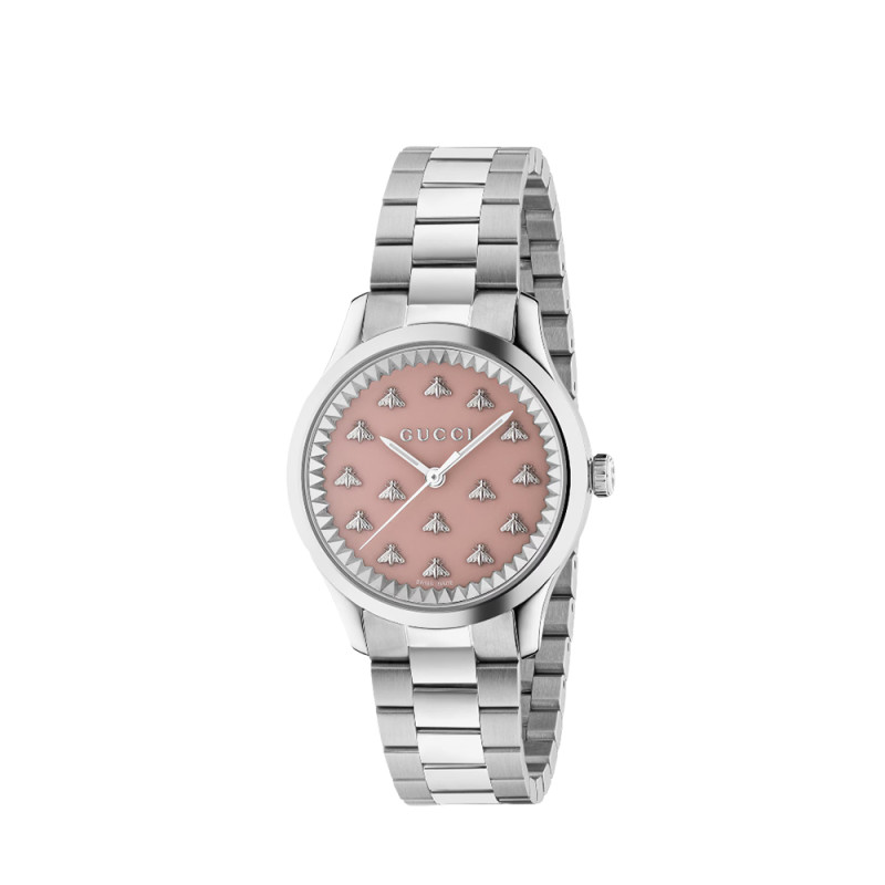 Montre Gucci G-Timeless quartz cadran laqué rose bracelet acier 32 mm