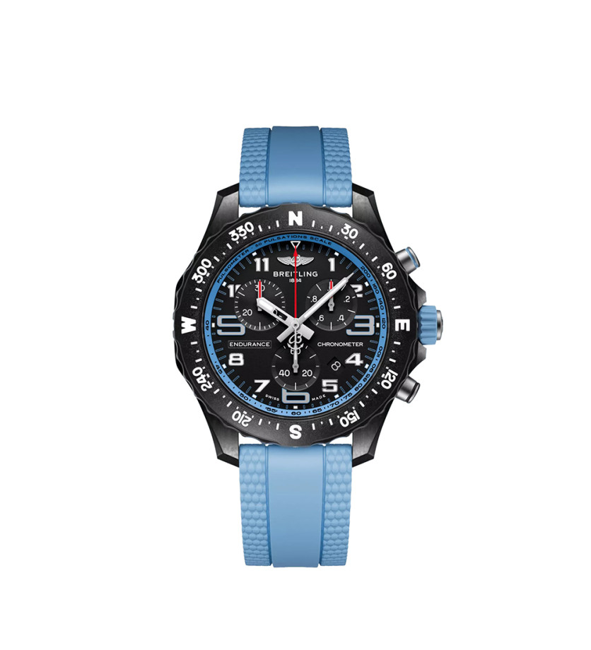 Montre Breitling Endurance Pro SuperQuartz cadran noir bracelet caoutchouc bleu claire 38 mm