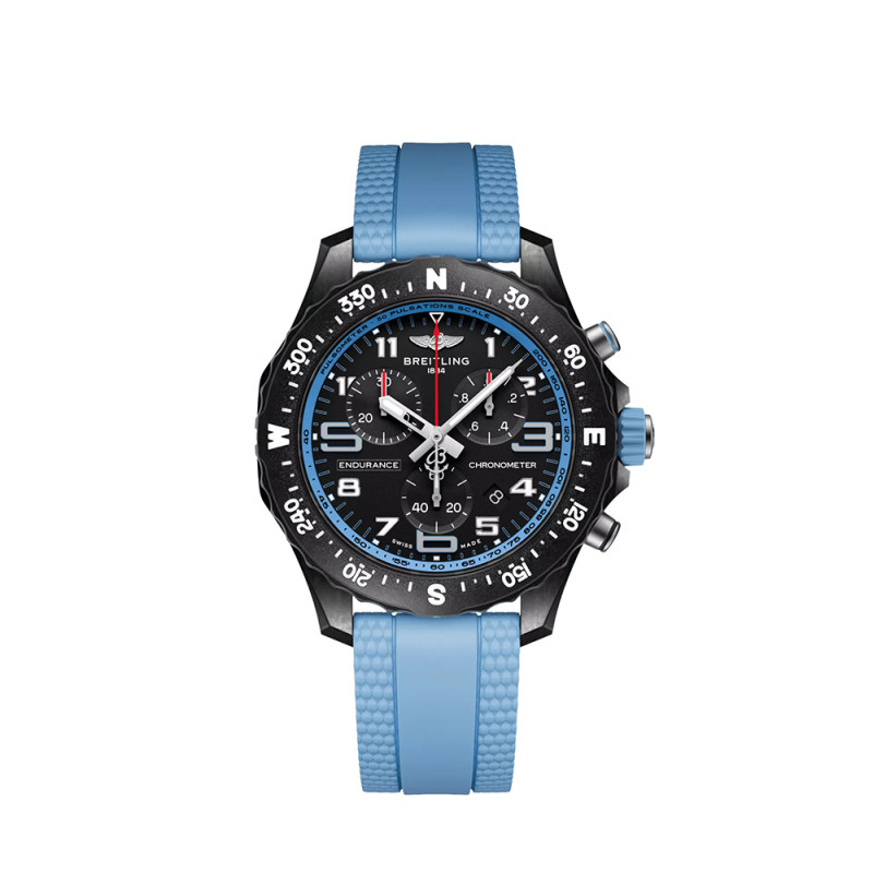 Montre Breitling Endurance Pro SuperQuartz cadran noir bracelet caoutchouc bleu claire 38 mm