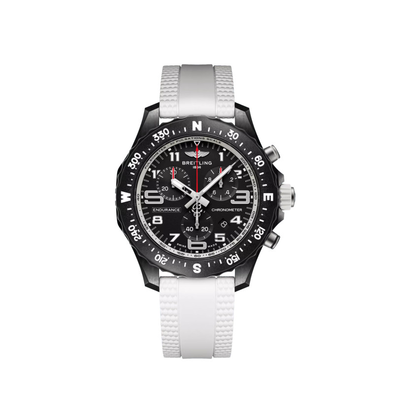 Montre Breitling Endurance Pro SuperQuartz cadran noir bracelet caoutchouc blanche claire 38 mm