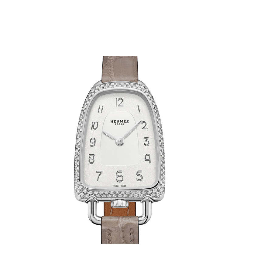 Galop M quartz acier lunette sertie diamants cadran argenté bracelet simple tour alligator gris mat