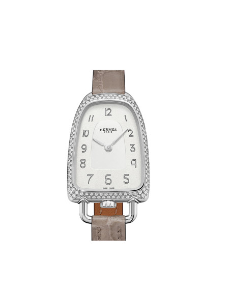 Galop M quartz acier lunette sertie diamants cadran argenté bracelet simple tour alligator gris mat