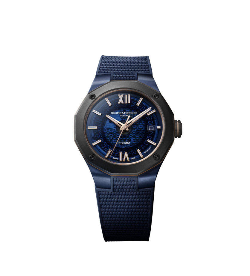 Montre Baume & Mercier Riviera automatique cadran bleu bracelet caoutchouc bleu 42 mm