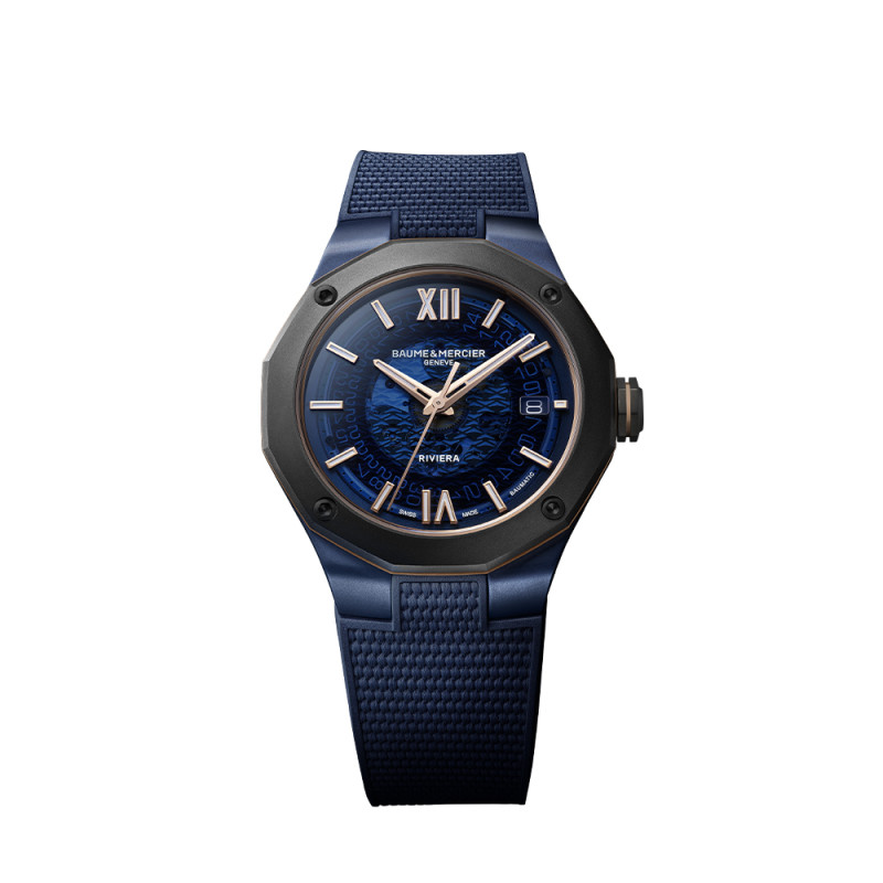 Montre Baume & Mercier Riviera automatique cadran bleu bracelet caoutchouc bleu 42 mm